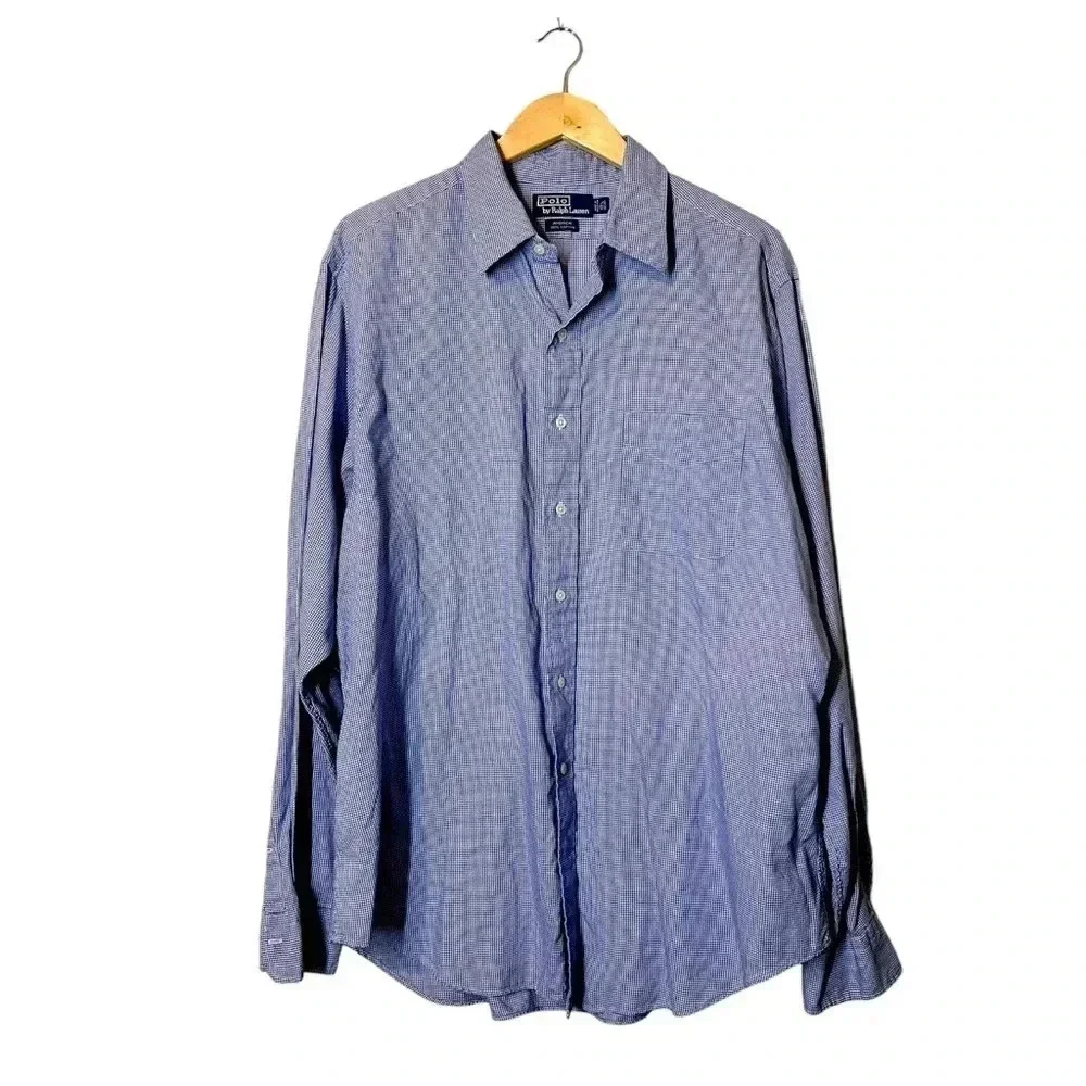 Authentic Ralph Lauren Polo Button Up Navy Checkered Collared Business